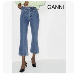 Ganni Betzy Mid Blue Stone High Rise Slim Flare Crop Jean 26W/32L NWT $195
